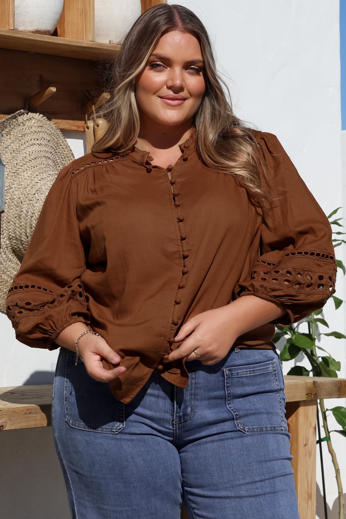 Alyce Shirt - Mandarin Collar Cut Out Detailed Sleeve Button Down in Tan
