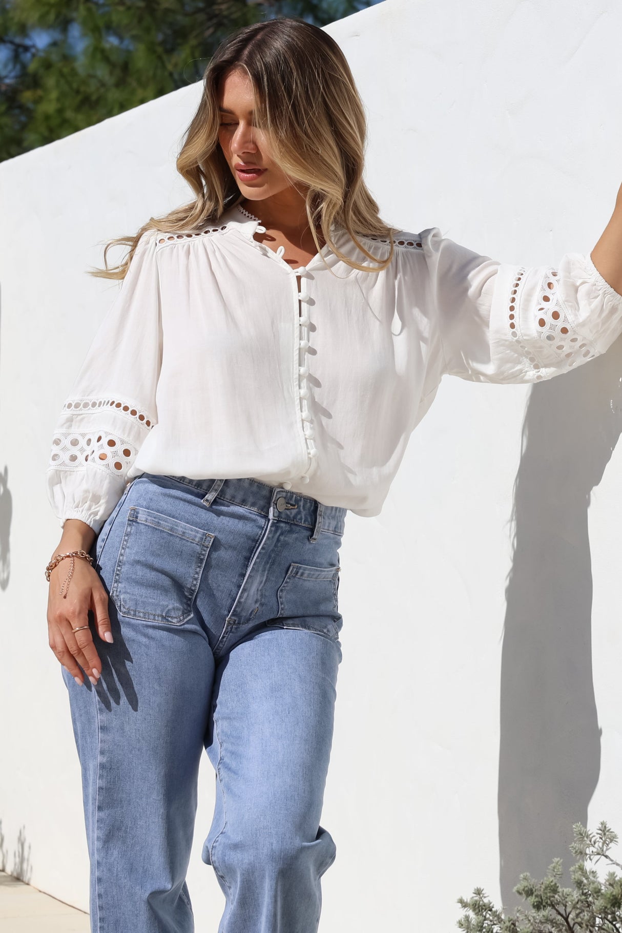 Alyce Shirt - Mandarin Collar Cut Out Detailed Sleeve Button Down in White