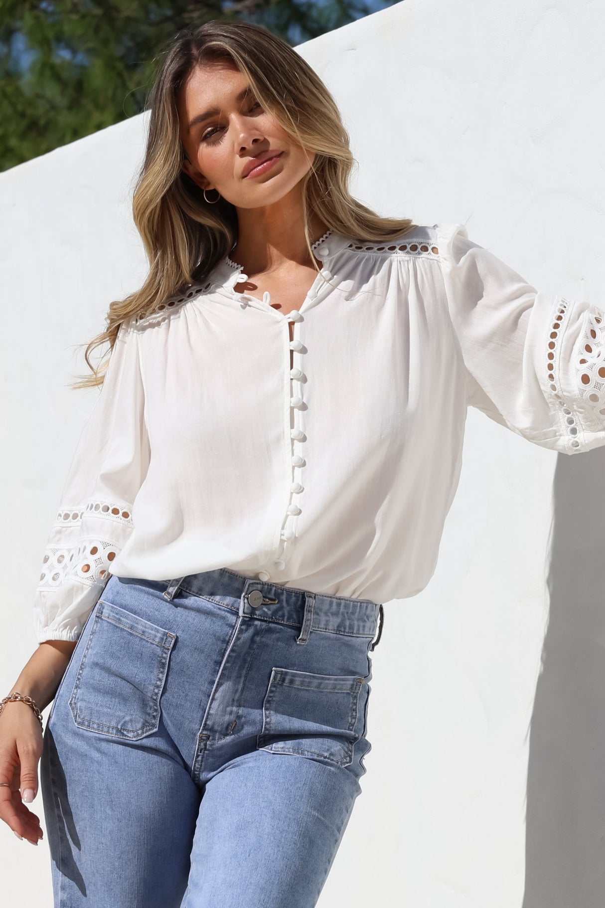 Alyce Shirt - Mandarin Collar Cut Out Detailed Sleeve Button Down in White