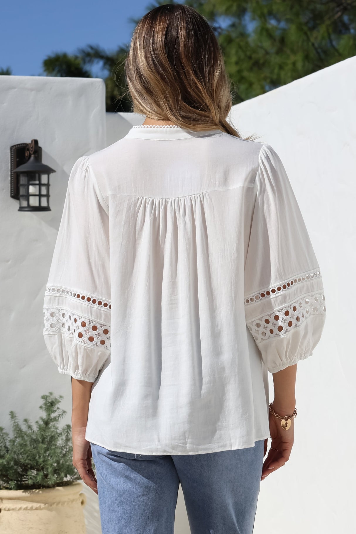 Alyce Shirt - Mandarin Collar Cut Out Detailed Sleeve Button Down in White