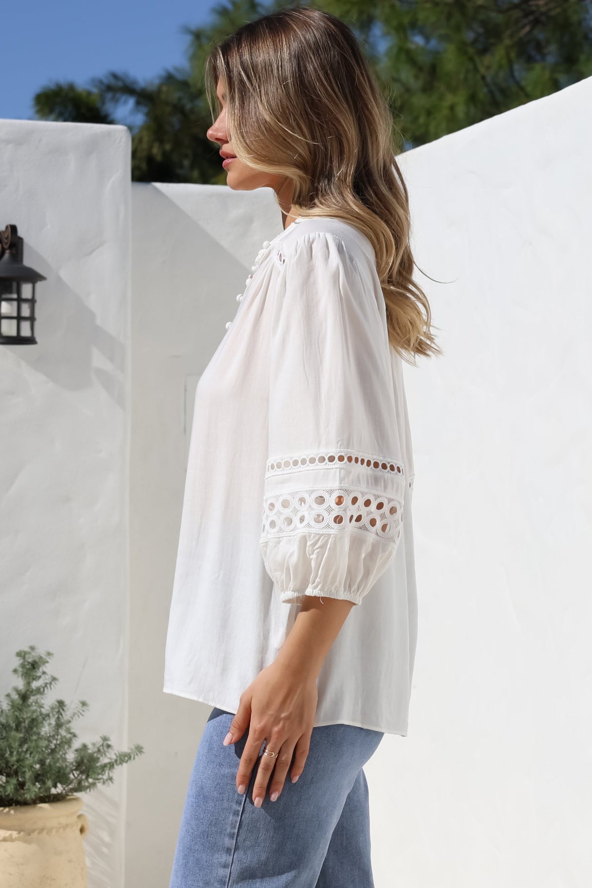 Alyce Shirt - Mandarin Collar Cut Out Detailed Sleeve Button Down in White