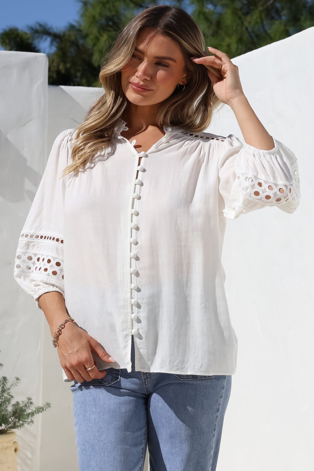 Alyce Shirt - Mandarin Collar Cut Out Detailed Sleeve Button Down in White