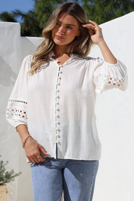 Alyce Shirt - Mandarin Collar Cut Out Detailed Sleeve Button Down in White