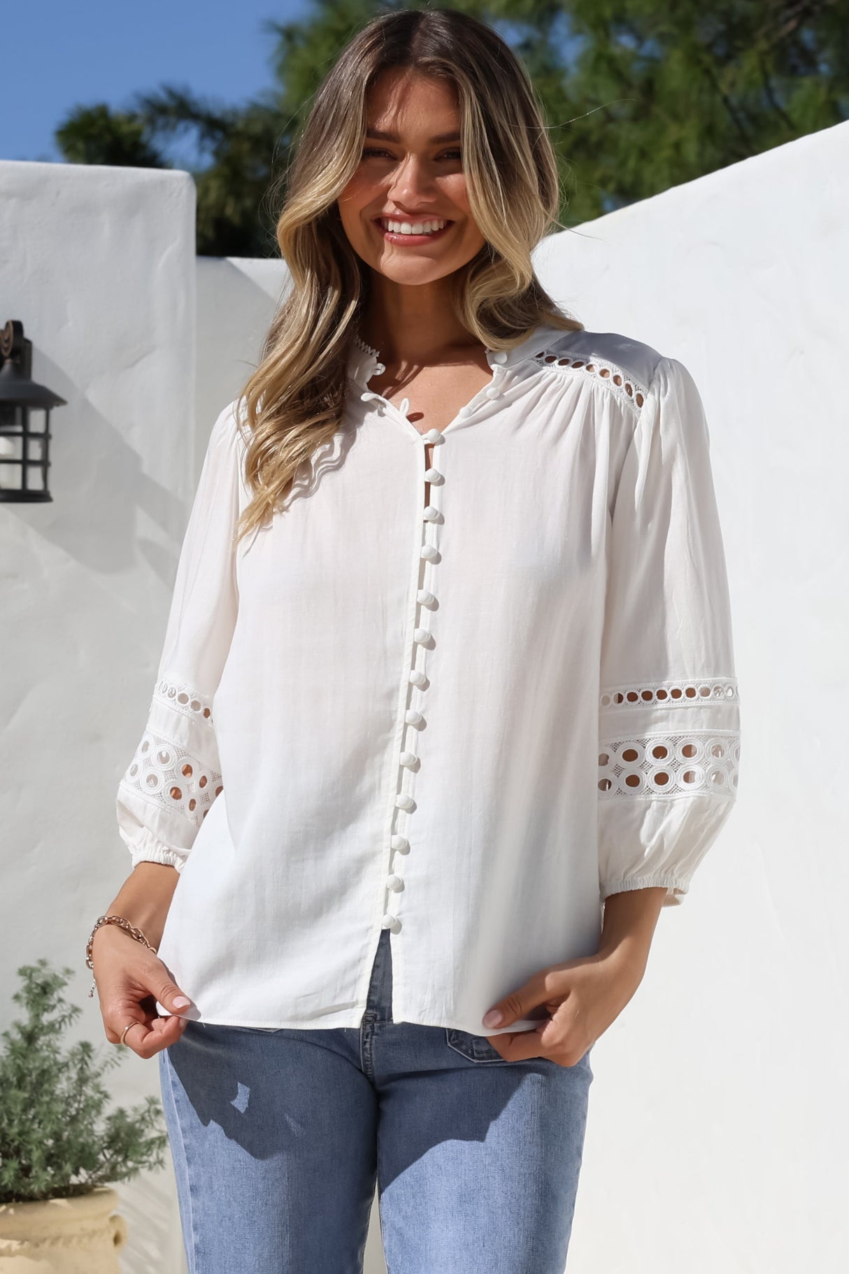Alyce Shirt - Mandarin Collar Cut Out Detailed Sleeve Button Down in White