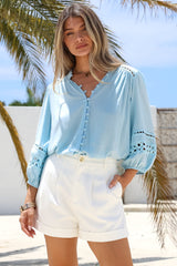 Alyce Shirt - Mandarin Collar Cut Out Detailed Sleeve Button Down in Light Blue