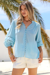 Alyce Shirt - Mandarin Collar Cut Out Detailed Sleeve Button Down in Light Blue