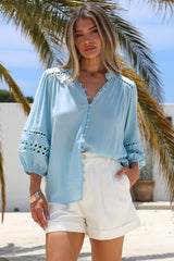 Alyce Shirt - Mandarin Collar Cut Out Detailed Sleeve Button Down in Light Blue
