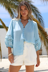 Alyce Shirt - Mandarin Collar Cut Out Detailed Sleeve Button Down in Light Blue