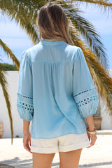 Alyce Shirt - Mandarin Collar Cut Out Detailed Sleeve Button Down in Light Blue