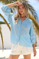 Alyce Shirt - Mandarin Collar Cut Out Detailed Sleeve Button Down in Light Blue