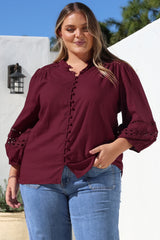Alyce Shirt - Mandarin Collar Cut Out Detailed Sleeve Button Down in Burgundy