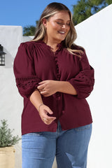 Alyce Shirt - Mandarin Collar Cut Out Detailed Sleeve Button Down in Burgundy