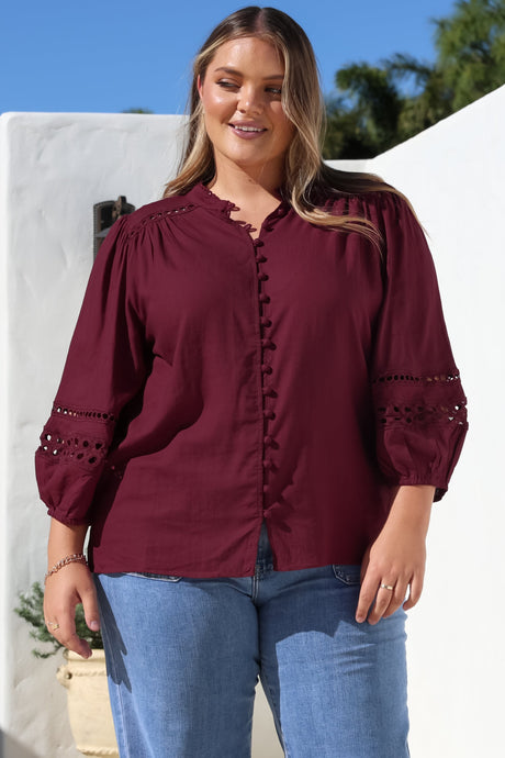 Alyce Shirt - Mandarin Collar Cut Out Detailed Sleeve Button Down in Burgundy