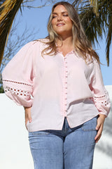 Alyce Shirt - Mandarin Collar Cut Out Detailed Sleeve Button Down in Pink