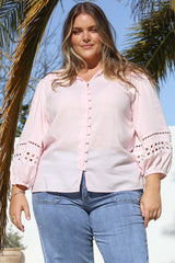 Alyce Shirt - Mandarin Collar Cut Out Detailed Sleeve Button Down in Pink