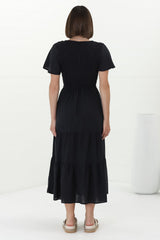 Alyse Midi Dress - Shirred Bodice Cap Sleeve Dress with Pull Tie Waist in Black