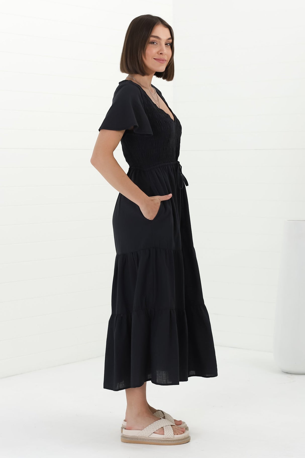 Alyse Midi Dress - Shirred Bodice Cap Sleeve Dress with Pull Tie Waist in Black