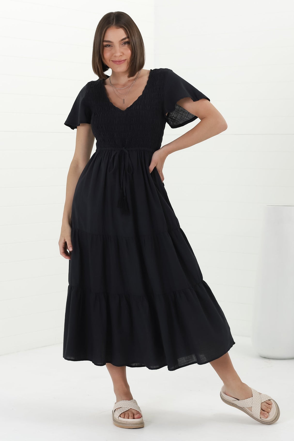 Alyse Midi Dress - Shirred Bodice Cap Sleeve Dress with Pull Tie Waist in Black