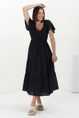 Alyse Midi Dress - Shirred Bodice Cap Sleeve Dress with Pull Tie Waist in Black