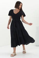 Alyse Midi Dress - Shirred Bodice Cap Sleeve Dress with Pull Tie Waist in Black