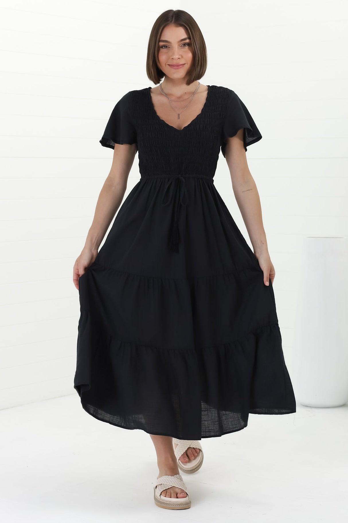 Alyse Midi Dress - Shirred Bodice Cap Sleeve Dress with Pull Tie Waist in Black