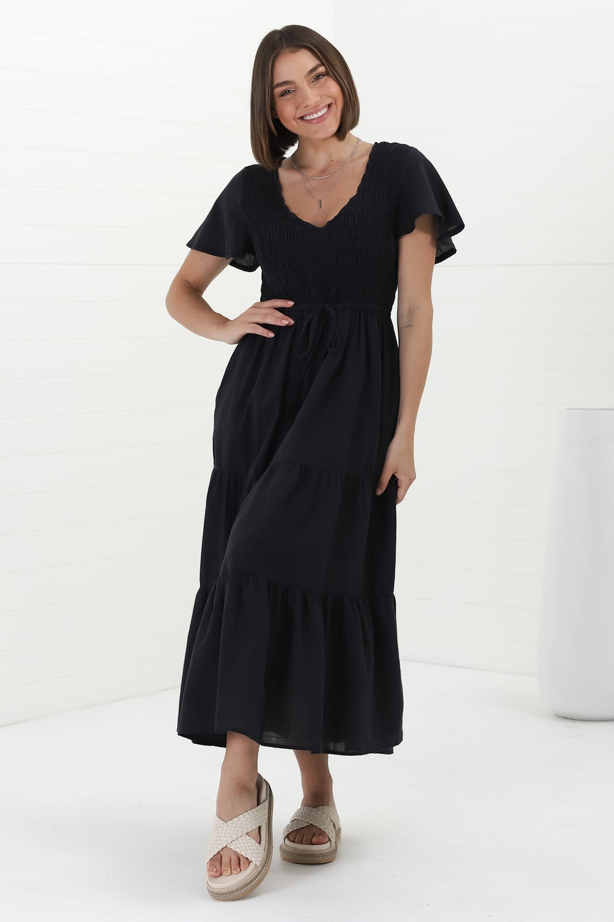 Alyse Midi Dress - Shirred Bodice Cap Sleeve Dress with Pull Tie Waist in Black