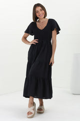 Alyse Midi Dress - Shirred Bodice Cap Sleeve Dress with Pull Tie Waist in Black