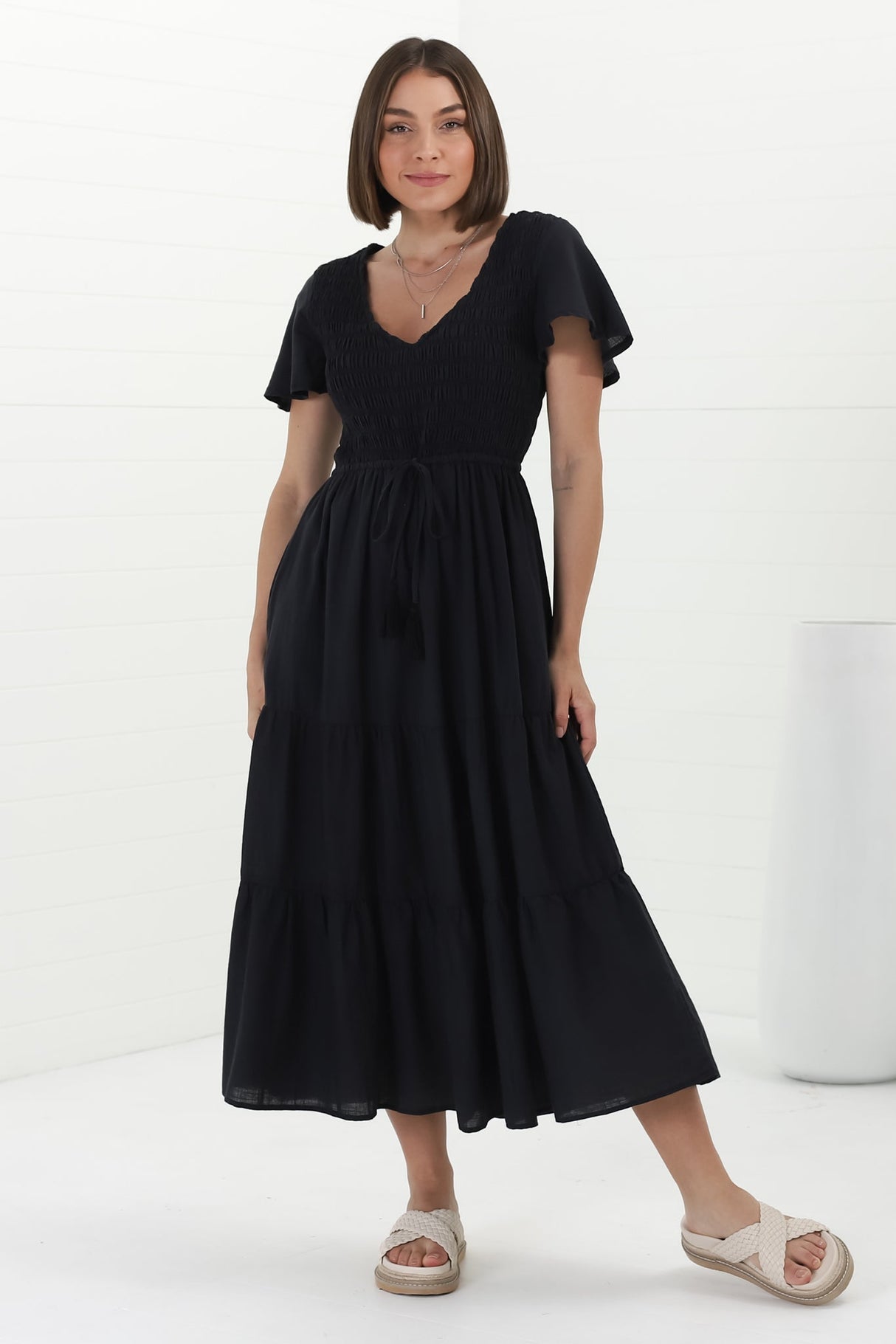 Alyse Midi Dress - Shirred Bodice Cap Sleeve Dress with Pull Tie Waist in Black