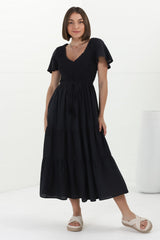 Alyse Midi Dress - Shirred Bodice Cap Sleeve Dress with Pull Tie Waist in Black