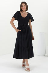 Alyse Midi Dress - Shirred Bodice Cap Sleeve Dress with Pull Tie Waist in Black