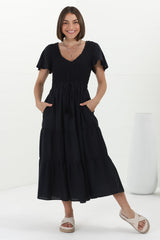 Alyse Midi Dress - Shirred Bodice Cap Sleeve Dress with Pull Tie Waist in Black