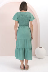 Alyse Midi Dress - Shirred Bodice Cap Sleeve Dress with Pull Tie Waist in Green