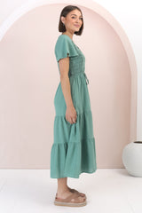 Alyse Midi Dress - Shirred Bodice Cap Sleeve Dress with Pull Tie Waist in Green