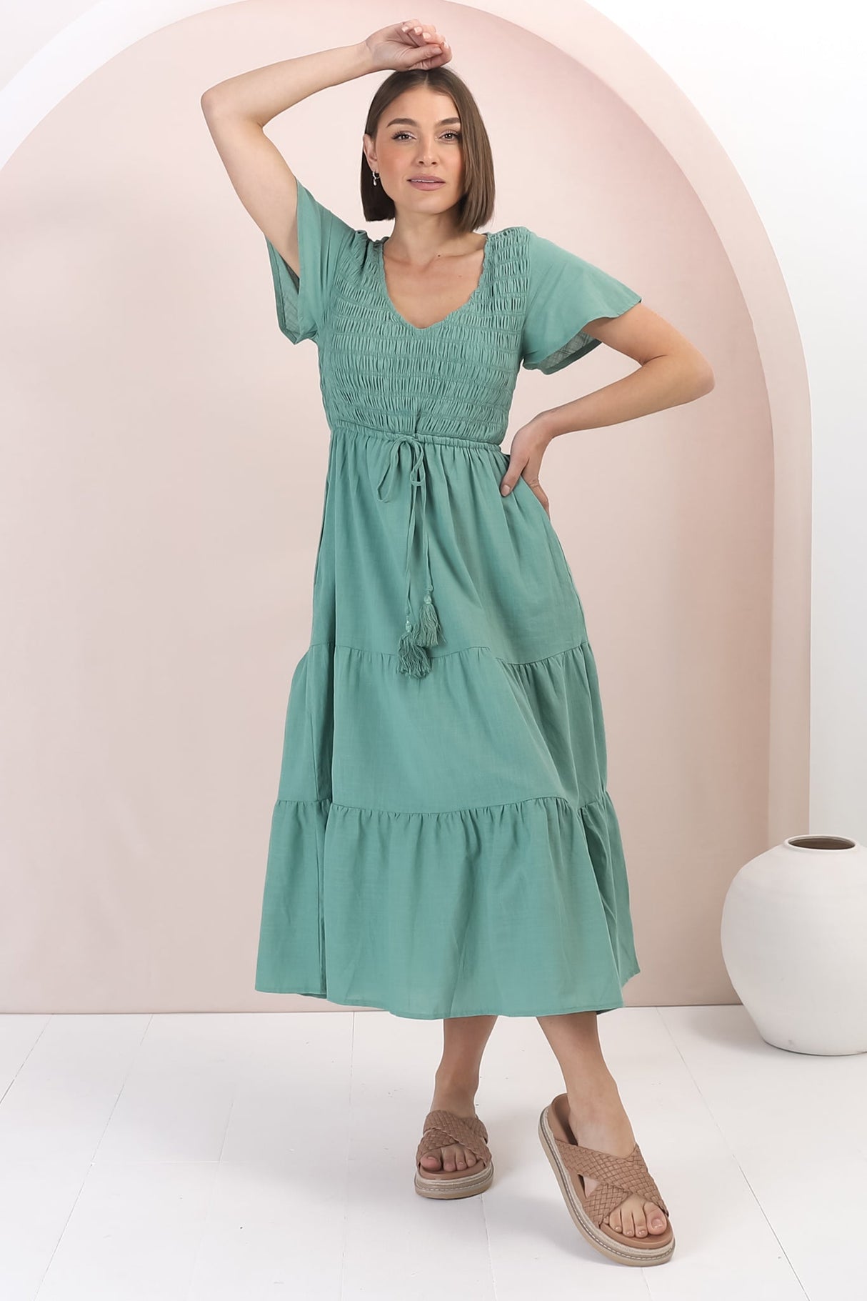 Alyse Midi Dress - Shirred Bodice Cap Sleeve Dress with Pull Tie Waist in Green