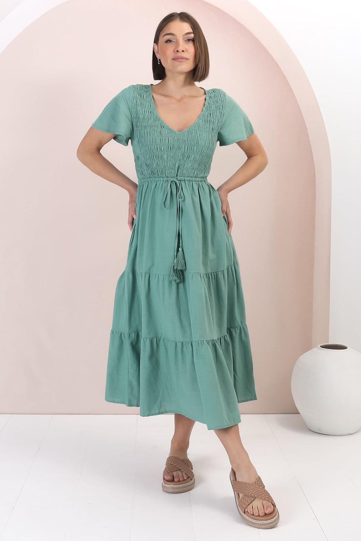 Alyse Midi Dress - Shirred Bodice Cap Sleeve Dress with Pull Tie Waist in Green