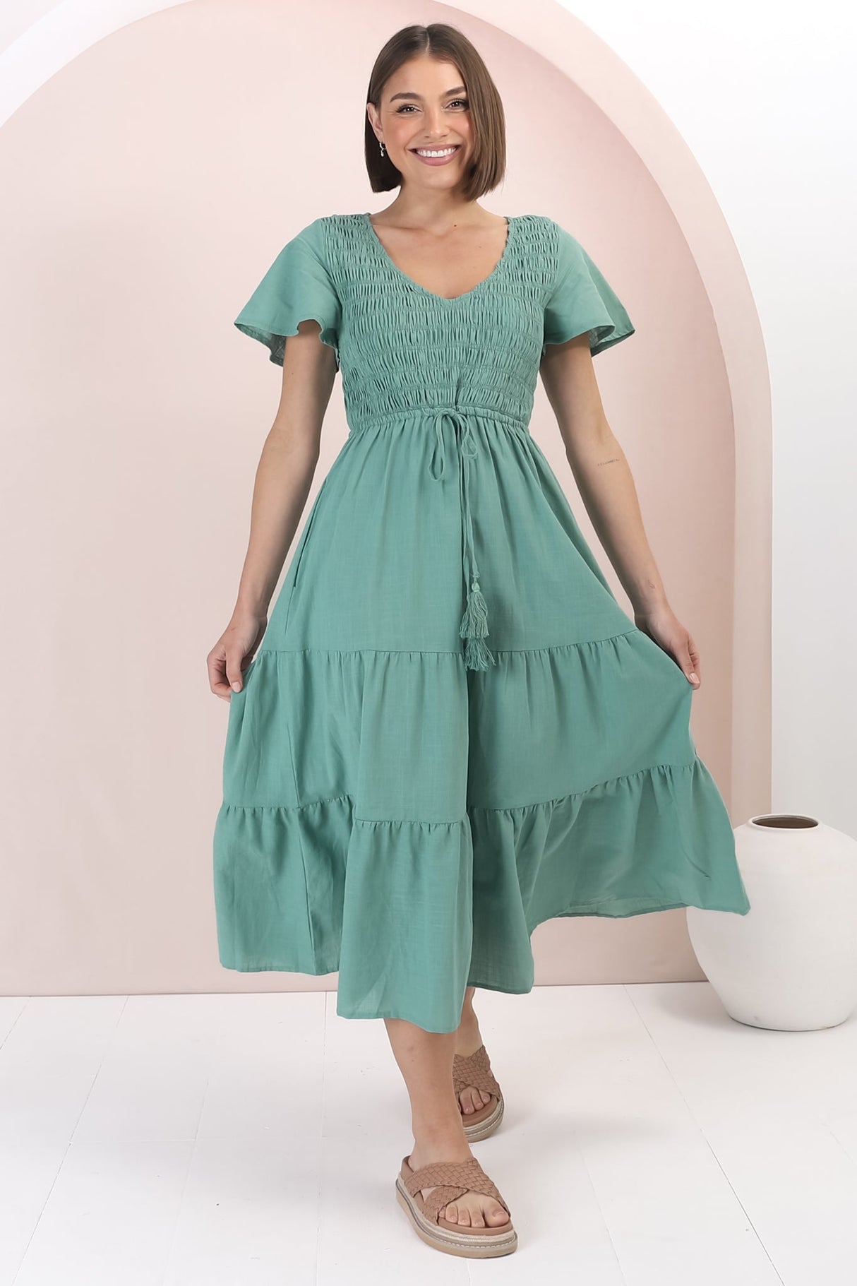 Alyse Midi Dress - Shirred Bodice Cap Sleeve Dress with Pull Tie Waist in Green