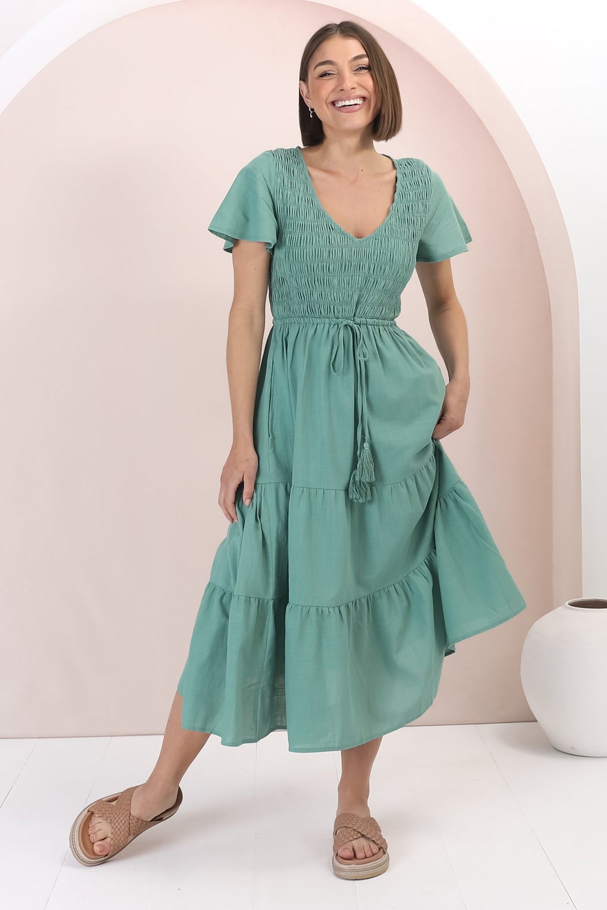 Alyse Midi Dress - Shirred Bodice Cap Sleeve Dress with Pull Tie Waist in Green