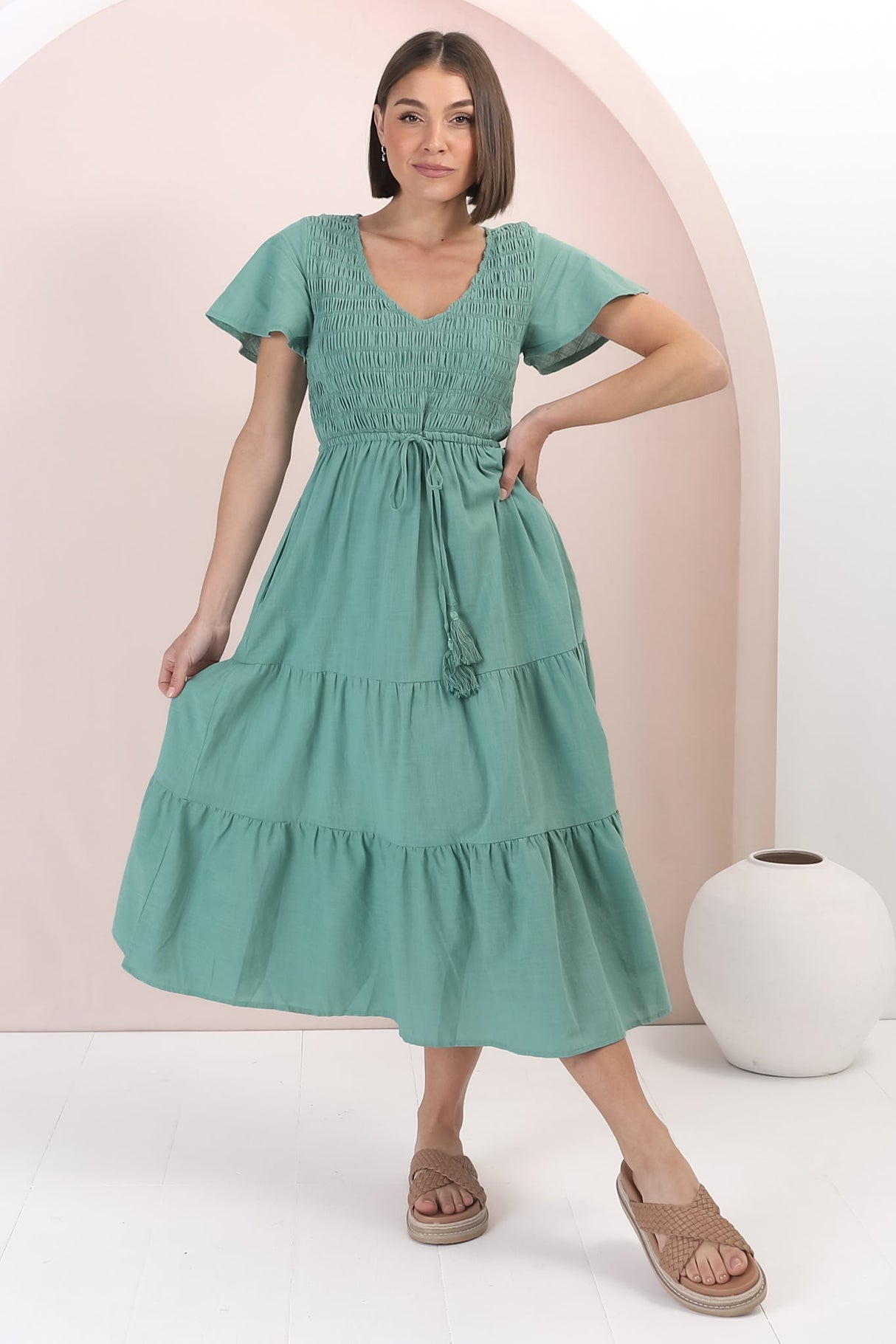 Alyse Midi Dress - Shirred Bodice Cap Sleeve Dress with Pull Tie Waist in Green