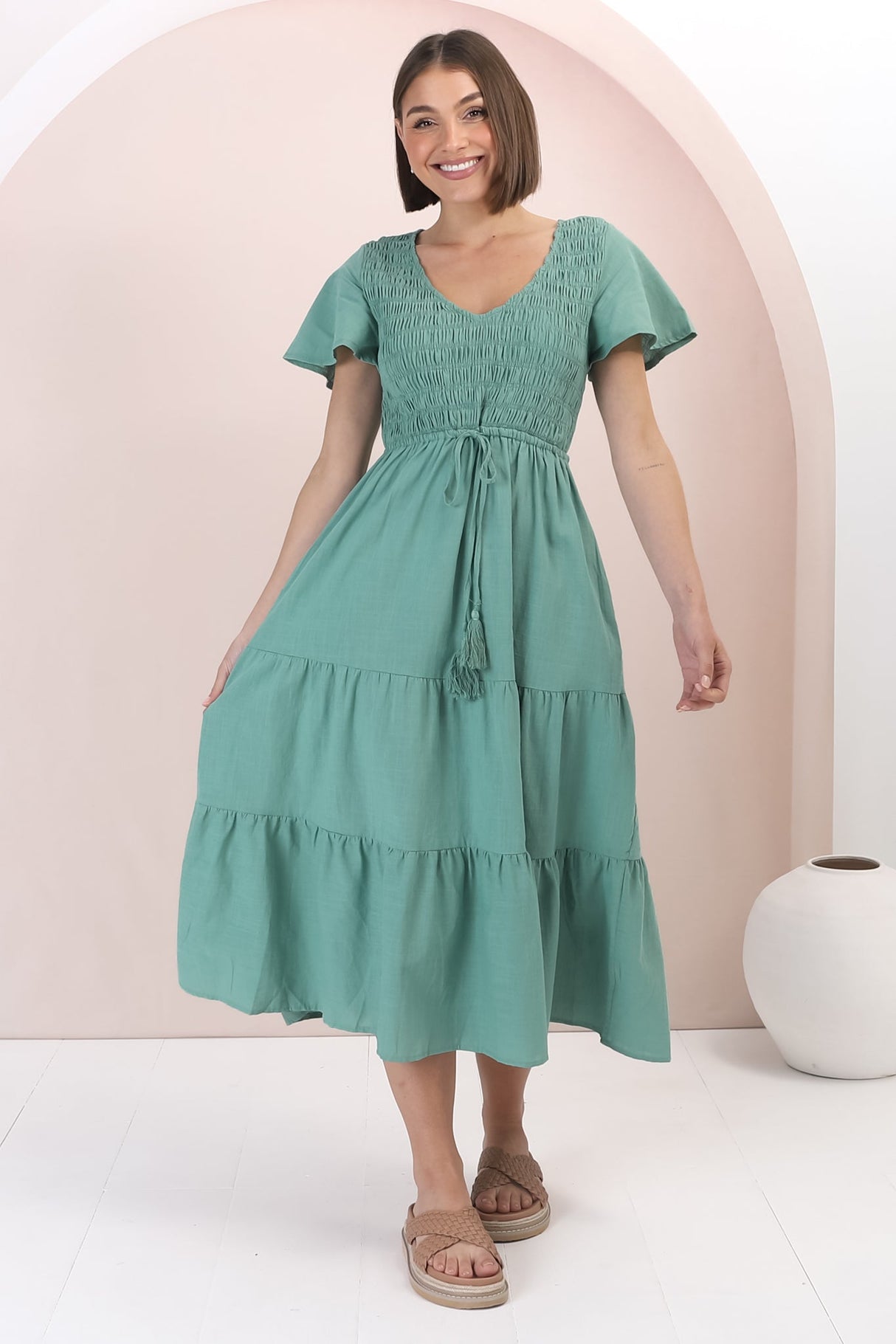 Alyse Midi Dress - Shirred Bodice Cap Sleeve Dress with Pull Tie Waist in Green