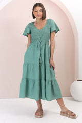 Alyse Midi Dress - Shirred Bodice Cap Sleeve Dress with Pull Tie Waist in Green