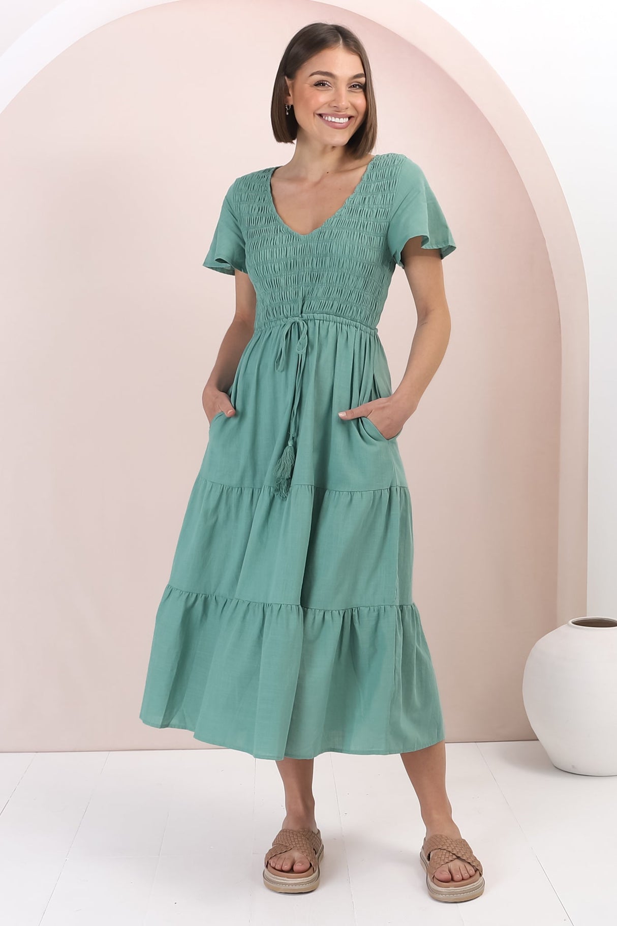 Alyse Midi Dress - Shirred Bodice Cap Sleeve Dress with Pull Tie Waist in Green