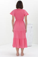 Alyse Midi Dress - Shirred Bodice Cap Sleeve Dress with Pull Tie Waist in Pink