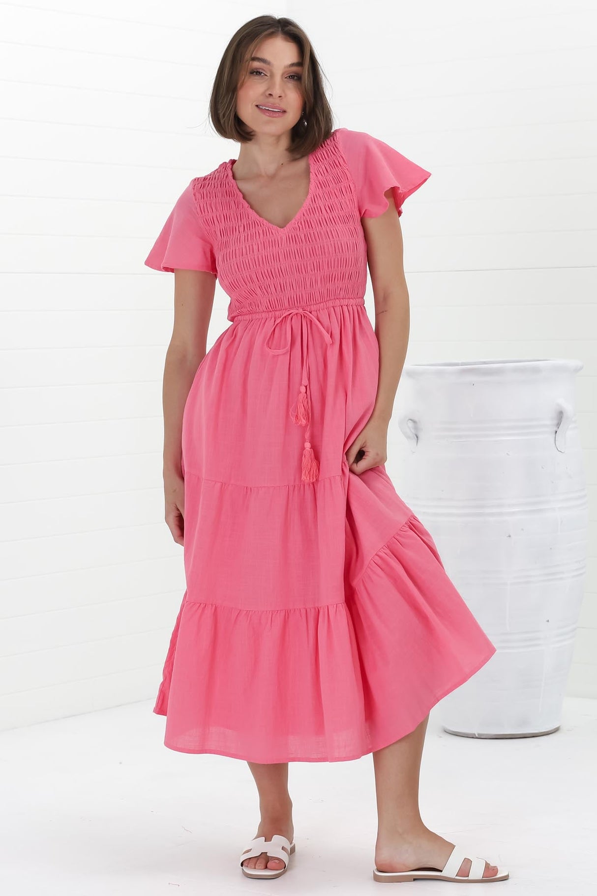 Alyse Midi Dress - Shirred Bodice Cap Sleeve Dress with Pull Tie Waist in Pink