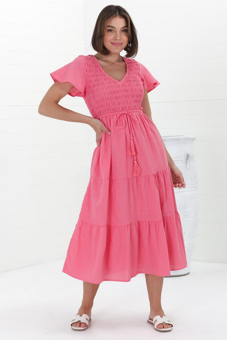 Alyse Midi Dress - Shirred Bodice Cap Sleeve Dress with Pull Tie Waist in Pink