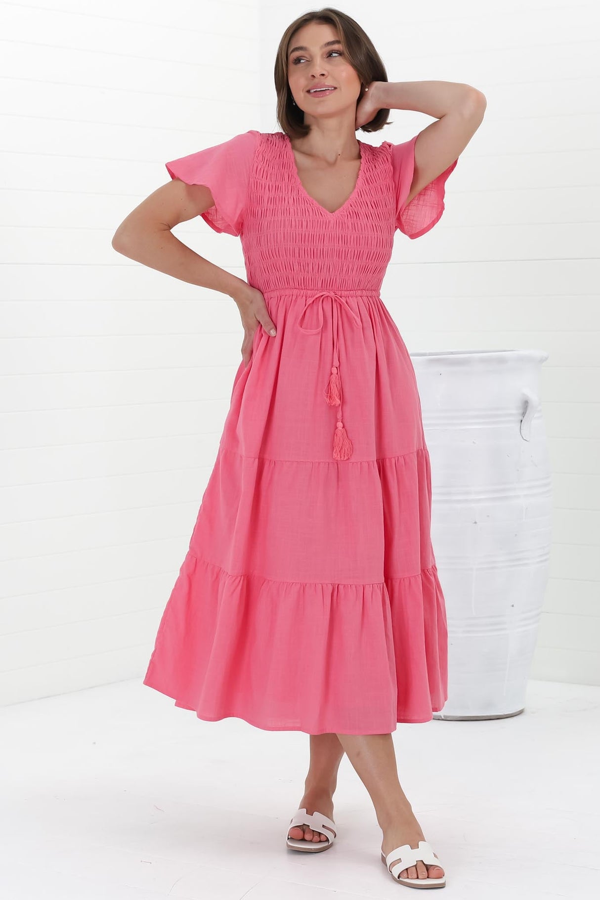 Alyse Midi Dress - Shirred Bodice Cap Sleeve Dress with Pull Tie Waist in Pink