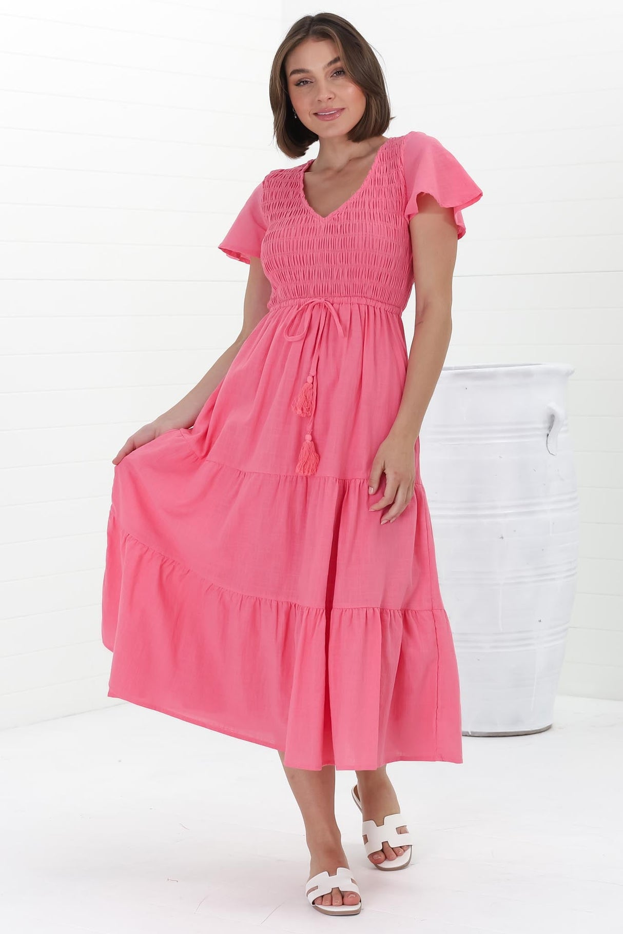 Alyse Midi Dress - Shirred Bodice Cap Sleeve Dress with Pull Tie Waist in Pink