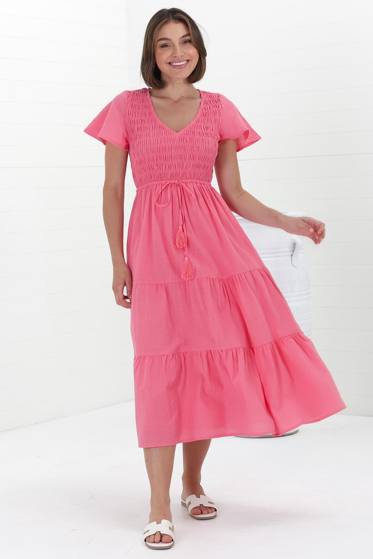 Alyse Midi Dress - Shirred Bodice Cap Sleeve Dress with Pull Tie Waist in Pink