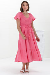 Alyse Midi Dress - Shirred Bodice Cap Sleeve Dress with Pull Tie Waist in Pink