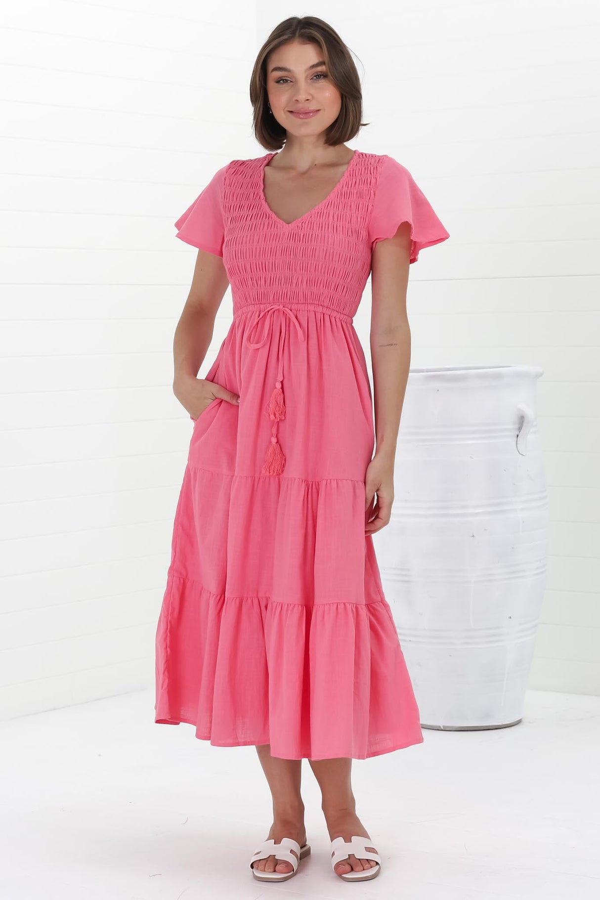 Alyse Midi Dress - Shirred Bodice Cap Sleeve Dress with Pull Tie Waist in Pink