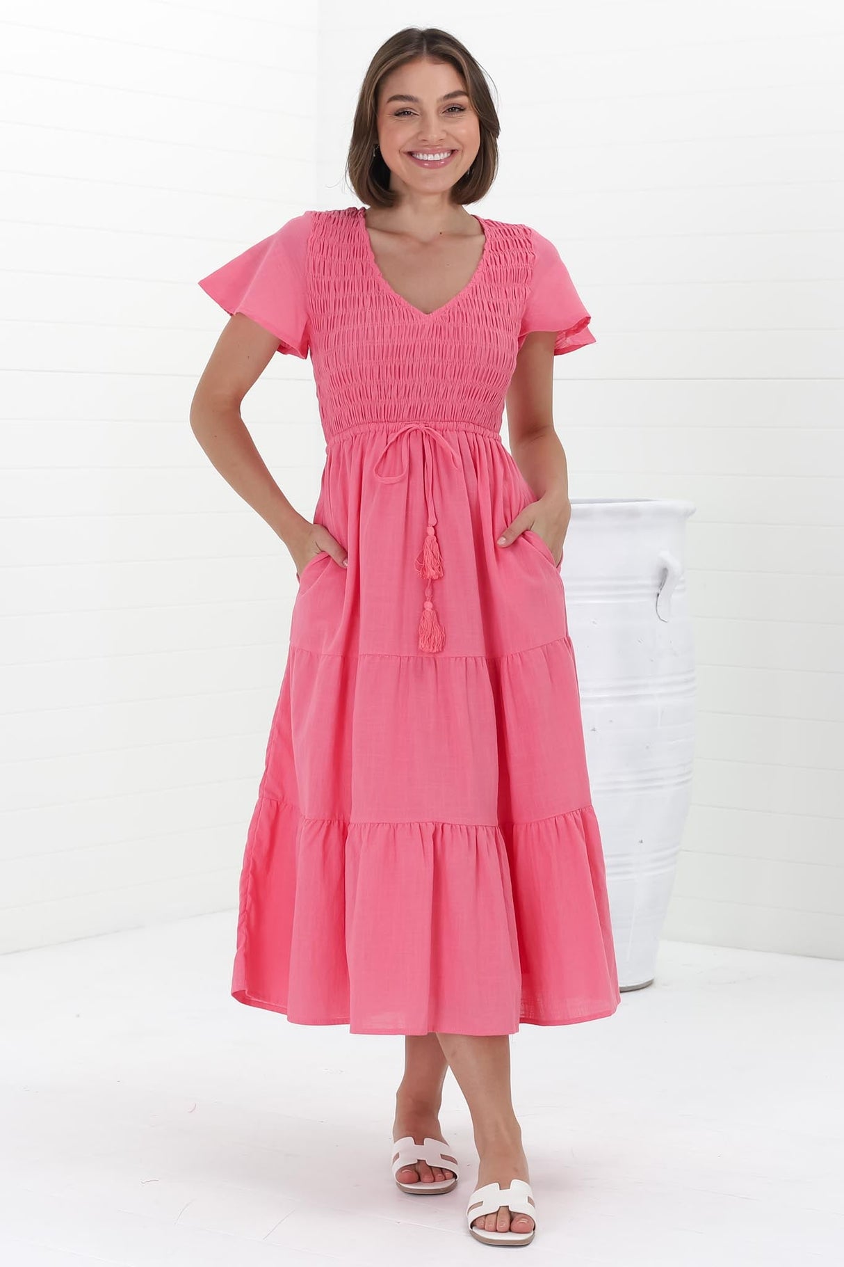 Alyse Midi Dress - Shirred Bodice Cap Sleeve Dress with Pull Tie Waist in Pink